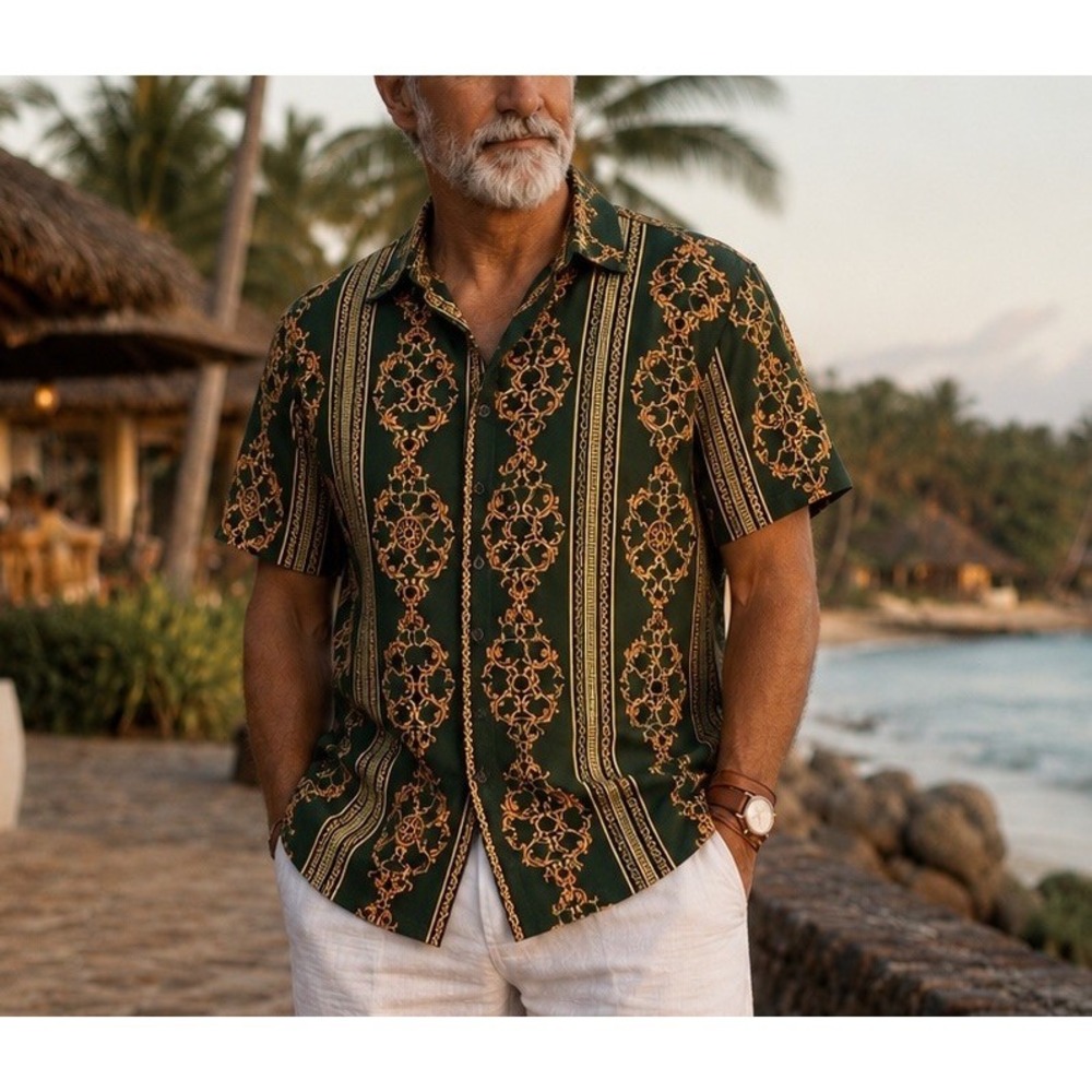 CASA Moda Couture Mens M Baroque Chain Print Shirt Gold Black Teal Button Up
